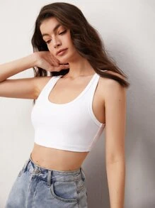 SHEIN BASICS Solid Ribbed Knit Crop Tank Top For Summer - White - View 6