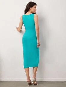 SHEIN BASICS Solid Scoop Neck Bodycon Dress - Mint Blue - View 2