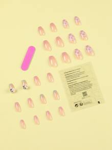 24pcs Long Coffin 3D Rhinestone Decor Fake Nail & 1pc Nail File & 1sheet Nail Tape - Multicolor - View 2