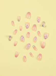 24pcs Long Coffin 3D Rhinestone Decor Fake Nail & 1pc Nail File & 1sheet Nail Tape - Multicolor - View 4