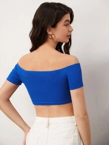 SHEIN BASICS Off Shoulder Solid Crop Tee - Blue - View 2