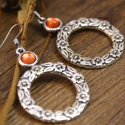 Textured Metal Round Drop Earrings