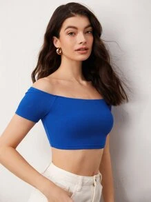 SHEIN BASICS Off Shoulder Solid Crop Tee - Blue - View 3
