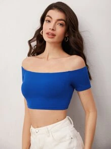SHEIN BASICS Off Shoulder Solid Crop Tee - Blue - View 4