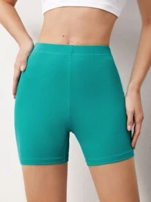 SHEIN BASICS Shorts De Bici De Punto Acanalado Sólido - Azul menta - Ver 3