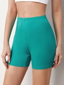 SHEIN BASICS Shorts De Bici De Punto Acanalado Sólido - Azul menta - Ver 4