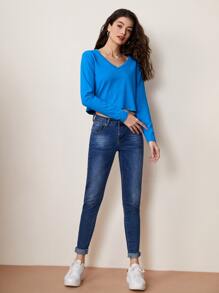 SHEIN BASICS Solid V Neck Crop Tee - Blue - View 4