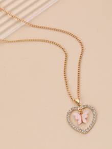 Rhinestone Decor Heart & Butterfly Charm Necklace - Yellow Gold - View 1