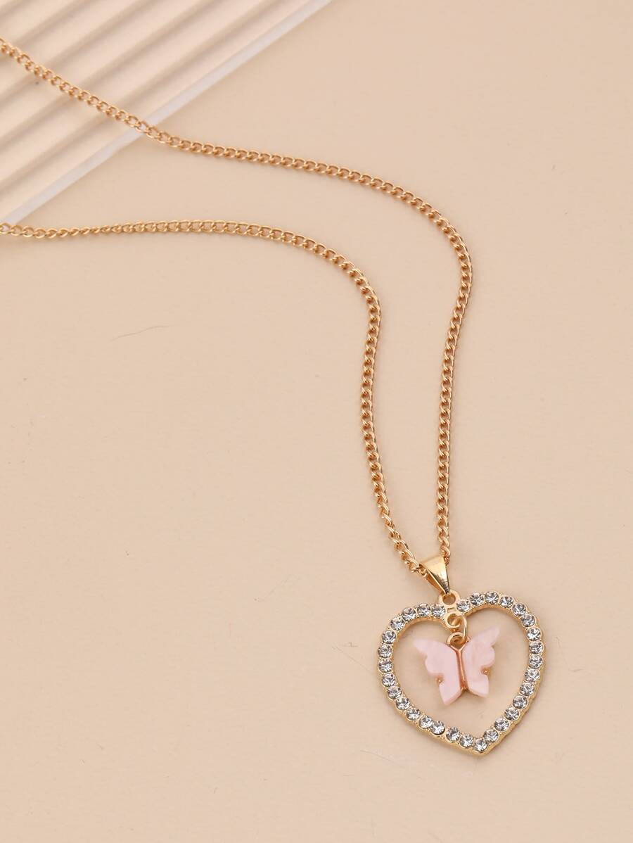 Rhinestone Decor Heart & Butterfly Charm Necklace - Yellow Gold - View 1
