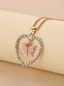 Rhinestone Decor Heart & Butterfly Charm Necklace - Yellow Gold - View 2