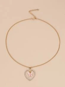 Rhinestone Decor Heart & Butterfly Charm Necklace - Yellow Gold - View 4