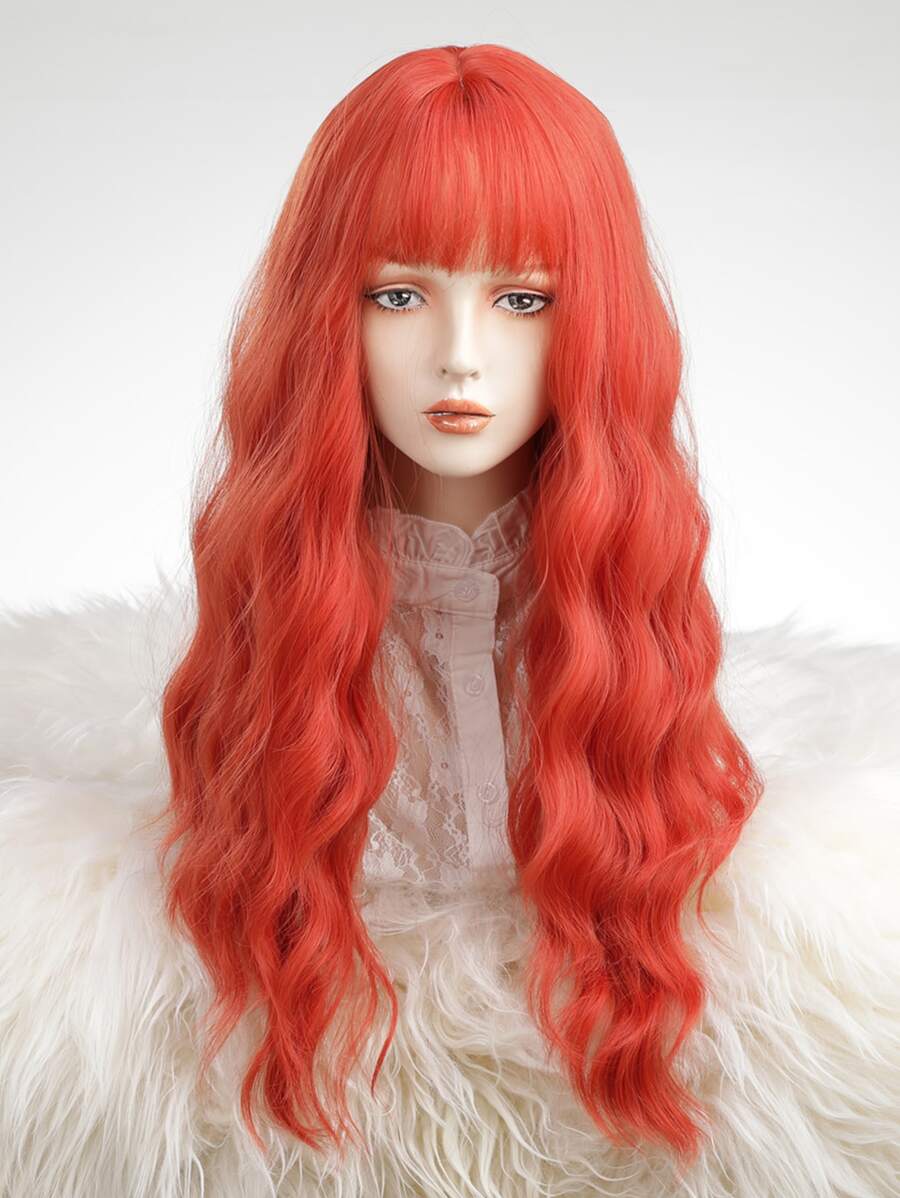 Tóc giả tổng hợp cosplay xoăn dài có tóc mái - Màu Cam cháy - Xem 1