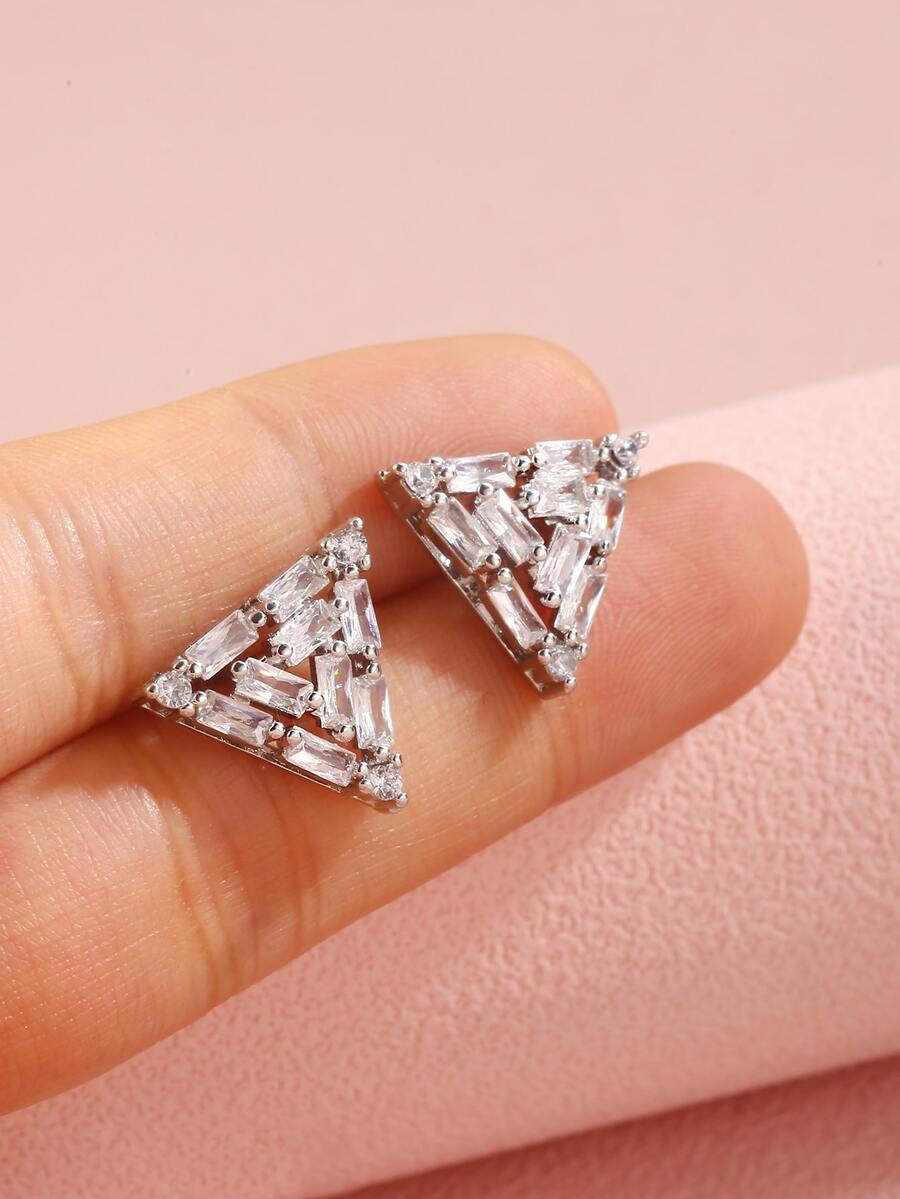 Cubic Zirconia Triangle Stud Earrings - Silver - View 1