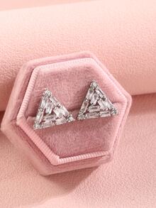 Cubic Zirconia Triangle Stud Earrings - Silver - View 2