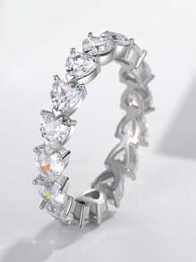 Cubic Zirconia Heart Decor Ring - Silver - View 1