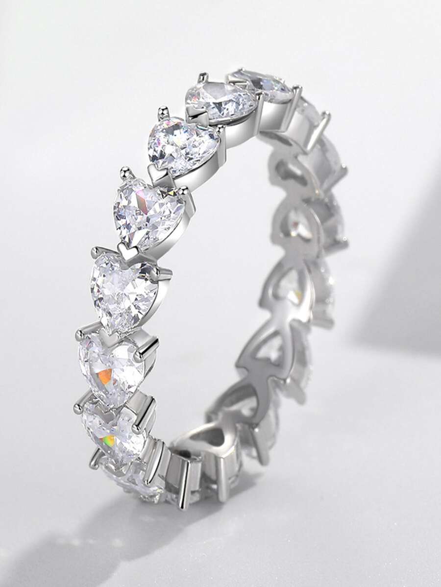 Cubic Zirconia Heart Decor Ring - Silver - View 1
