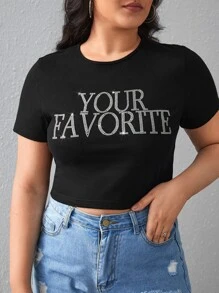 SHEIN EZwear Plus Rhinestone Letter Pattern Crop Tee - Black - View 1