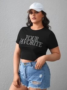 SHEIN EZwear Plus Rhinestone Letter Pattern Crop Tee - Black - View 3