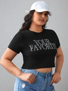 SHEIN EZwear Plus Rhinestone Letter Pattern Crop Tee - Black - View 4