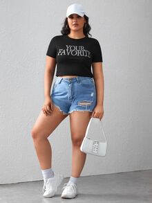 SHEIN EZwear Plus Rhinestone Letter Pattern Crop Tee - Black - View 5