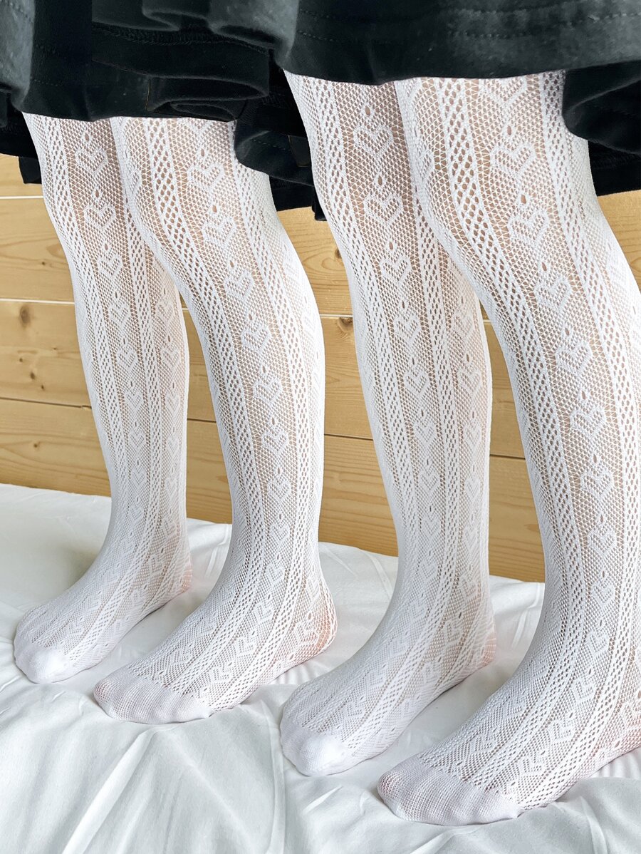 2pairs Toddler Girls Heart Pattern Tights - White - View 1