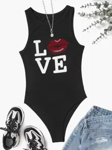 SHEIN EZwear Rhinestone Lip & Letter Graphic Tank Bodysuit - Black - View 1