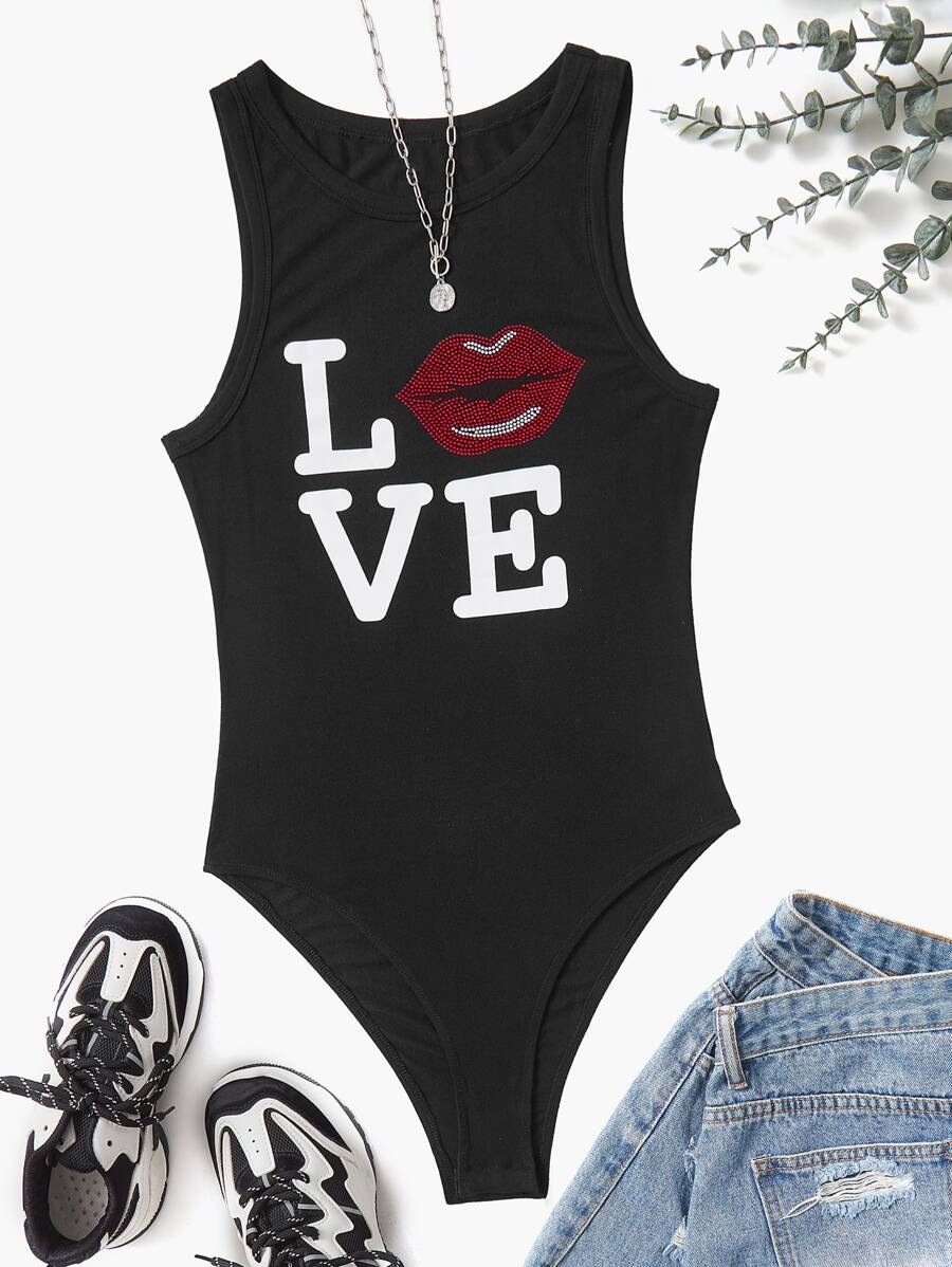 SHEIN EZwear Rhinestone Lip & Letter Graphic Tank Bodysuit - Black - View 1