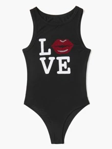 SHEIN EZwear Rhinestone Lip & Letter Graphic Tank Bodysuit - Black - View 3