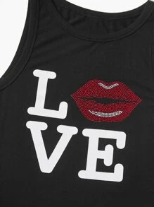 SHEIN EZwear Rhinestone Lip & Letter Graphic Tank Bodysuit - Black - View 5