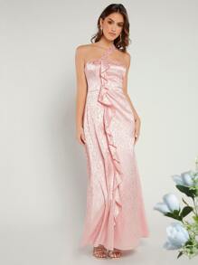 SHEIN Belle One Shoulder Ruffle Trim Jacquard Bridesmaid Dress - Baby Pink - View 4