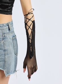 Lace Up Fishnet Gloves - Black - View 2