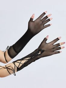 Lace Up Fishnet Gloves - Black - View 3