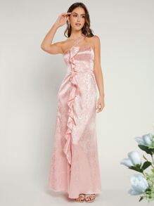 SHEIN Belle One Shoulder Ruffle Trim Jacquard Bridesmaid Dress - Baby Pink - View 1