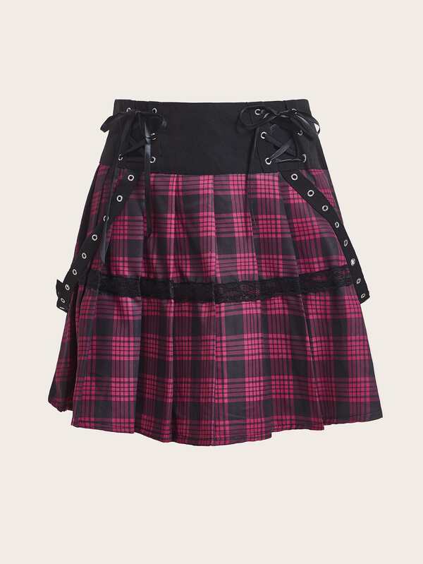 Is That The New Plaid Print Lace Up Grommet Eyelet Pleated Skirt