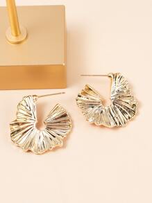 1 对时尚简约金属扇形银杏叶纹理几何光滑表面环形耳环，适合日常、派对、礼物 - 金黃色 - 查看 3