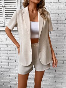 SHEIN Privé Lapel Neck Single Breasted Blazer & Shorts - Khaki - View 1