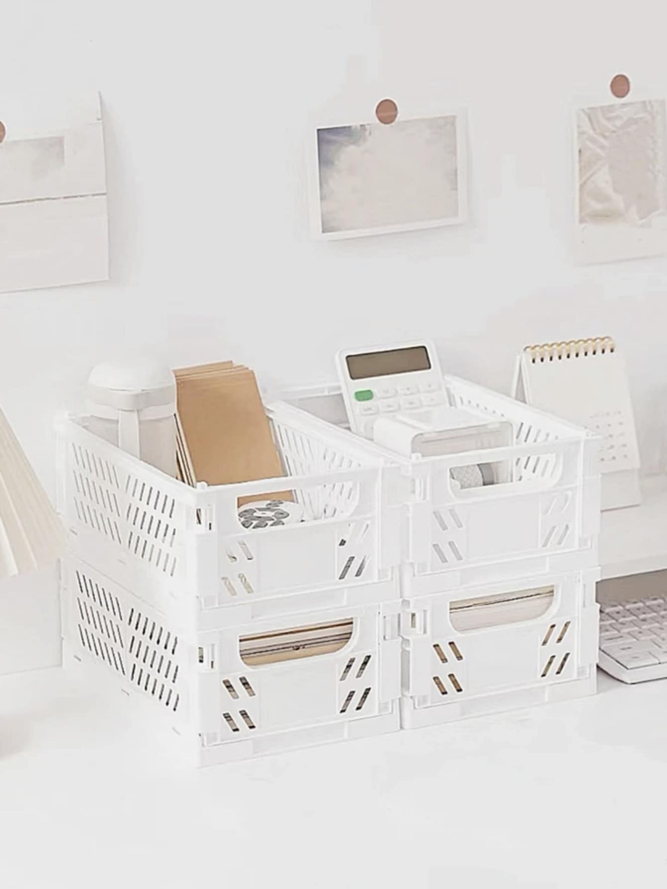 1 pieza unicolor plegable escritorio Papelería Cesta de almacenamiento - Blanco - Ver 1