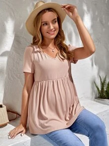 SHEIN Maternity V Neck Peplum Tee - Dusty Pink - View 1