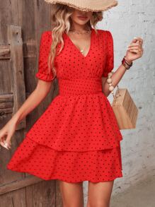 Breezaya All Over Heart Print Puff Sleeve Two Layer Hem Dress - Red - View 1