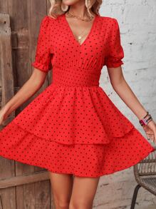 Breezaya All Over Heart Print Puff Sleeve Two Layer Hem Dress - Red - View 4