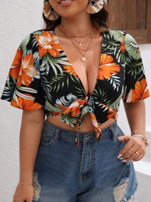 SHEIN VCAY Camisa crop con estampado tropical con cordón delantero - Multicolor - Ver 1