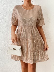 Layered Hem Sequin Smock Dress - Champagne - View 4