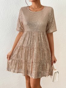 Layered Hem Sequin Smock Dress - Champagne - View 5