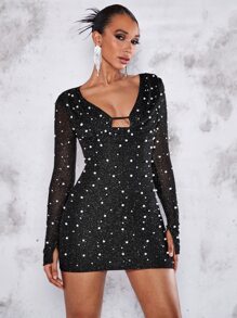 SHEIN BAE Đầm Cắt ra Ngọc trai cắt Chia màu trơn Gợi cảm - màu đen - Xem 4