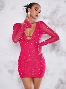 SHEIN BAE Vestido ajustado con cuenta de perla con abertura con fruncido delantero puño con abertura - Rosa Fucsia - Ver 1