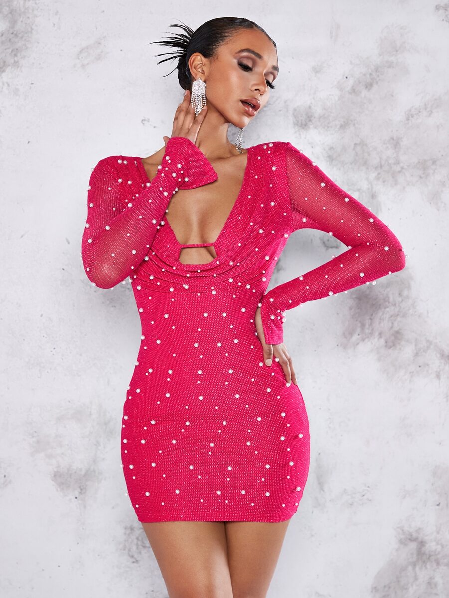 SHEIN BAE Vestido ajustado con cuenta de perla con abertura con fruncido delantero puño con abertura - Rosa Fucsia - Ver 1