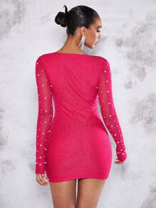 SHEIN BAE Vestido ajustado con cuenta de perla con abertura con fruncido delantero puño con abertura - Rosa Fucsia - Ver 2