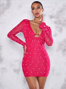 SHEIN BAE Vestido ajustado con cuenta de perla con abertura con fruncido delantero puño con abertura - Rosa Fucsia - Ver 4
