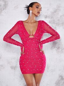 SHEIN BAE Vestido ajustado con cuenta de perla con abertura con fruncido delantero puño con abertura - Rosa Fucsia - Ver 5