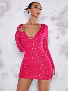 SHEIN BAE Vestido ajustado con cuenta de perla con abertura con fruncido delantero puño con abertura - Rosa Fucsia - Ver 6